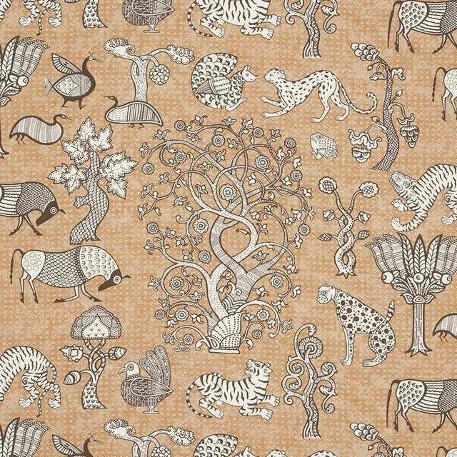 Schumacher Animalia Fabric in Carbon & Sienna For Sale