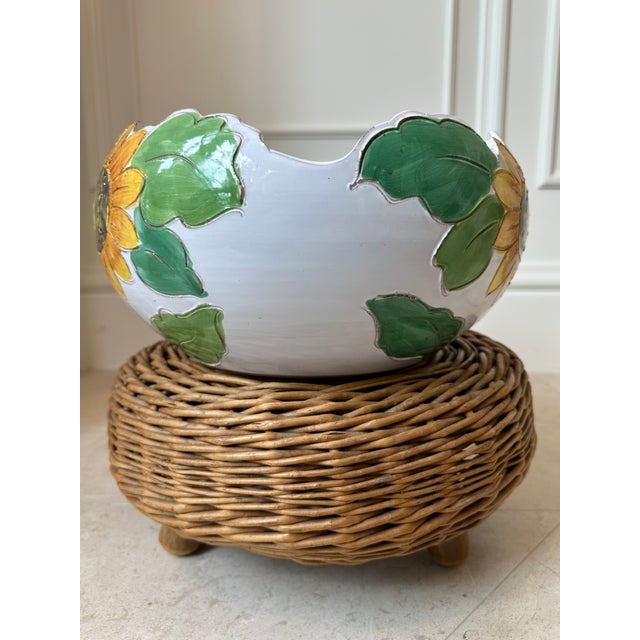 Vintage 12” Italian Sunflower Insized, Glazed Handpainted Terracotta Bowl For Sale - Image 4 of 18