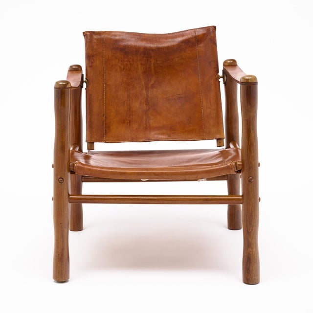 1940s Mid-Century Modern Wood and Cognac Leather Safari Armchair For Sale - Image 5 of 9