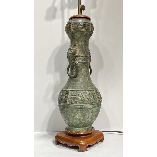 Wood Antique Archaic Style Chinese Bronze Vase Mounted as Table Lamp For Sale - Image 7 of 13