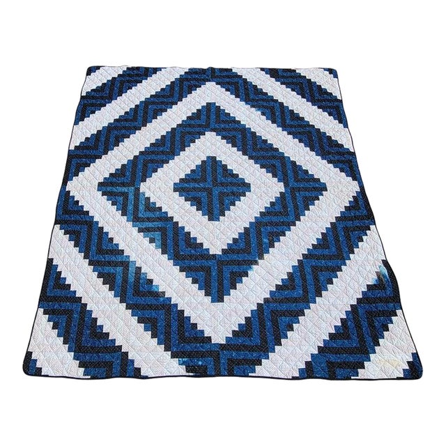 20thc Blue & White Log Cabin Quilt For Sale