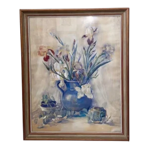Large Vintage Interior Still Life Watercolor of Irises