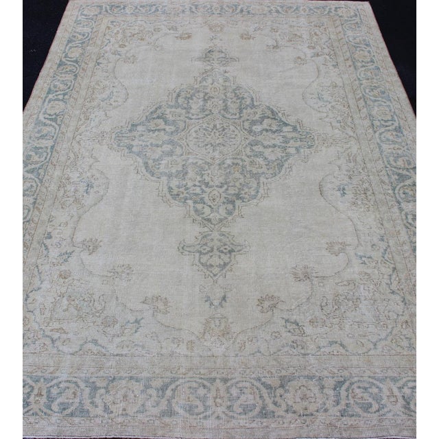 Textile Medallion Distressed Oushak Turkey in Cream, Blue Tones, Brown and Teal Blue For Sale - Image 7 of 15