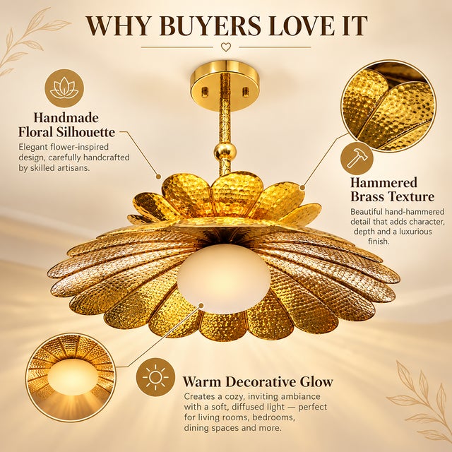 Handmade Brass Flower Chandelier, Hammered Lotus Ceiling Light, Floral Pendant Fixture, Art Deco Lighting for Living Room and Bedroom For Sale - Image 13 of 13