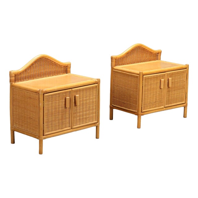Vintage Bedside Tables in Woven Wicker and Beech, Italy, 1980s, Set of 2 For Sale