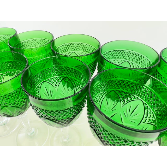Glass Vintage Emerald Green Pressed Glass Water Goblets With Clear Stems, Set of 13 For Sale - Image 7 of 13