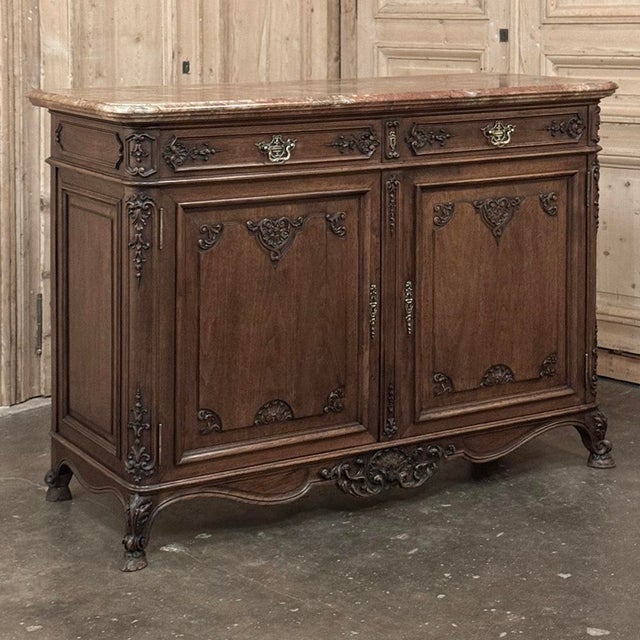 French Country Antique Country French Louis XIV Walnut Marble Top Buffet For Sale - Image 3 of 18