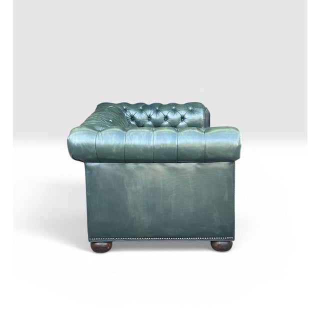 1960s Classic English Traditional Chesterfield Sofa in Rich Dark Green Leather- Brass Nail Head Trim For Sale - Image 9 of 11