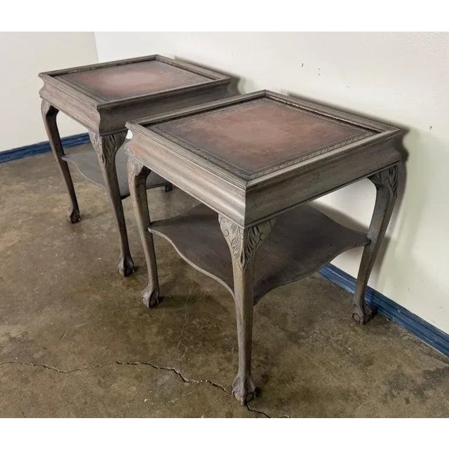 Chippendale Pair of Distressed English Chippendale End Tables, Leather Tops, 1930s For Sale - Image 3 of 12