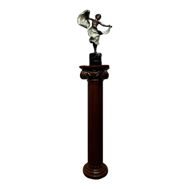 Late 20th Century Large Art Deco Style Patinated Metal Dancer Sculpture With Neoclassical Wood Pedestal For Sale