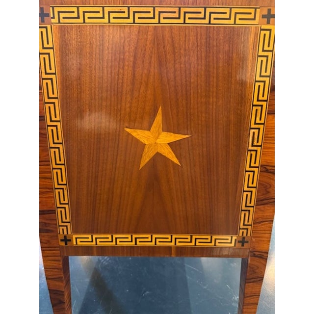 Early 21st Century Pair of Italian Walnut Commodes With Inlaid Greek Key Pattern For Sale - Image 5 of 6