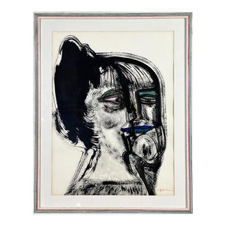 1970s "Portrait of a Woman" Modernist Watercolor Painting by e.j. Hartmann, Framed For Sale