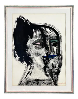 1970s "Portrait of a Woman" Modernist Watercolor Painting by e.j. Hartmann, Framed
