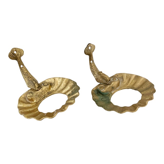 Vintage Koi Fish Wall Mount Brass Soap Holders, Pair For Sale