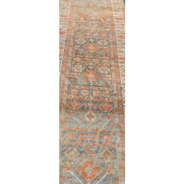 Fine Antique Persian Malayer Runner in Soft Tones of Blue and Orange 2'10 X 13'8 For Sale - Image 4 of 11