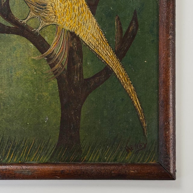 Antique Folk Art Painting of a Bird in a Tree, Signed (Oil on Board) This antique folk art painting depicts a naively...