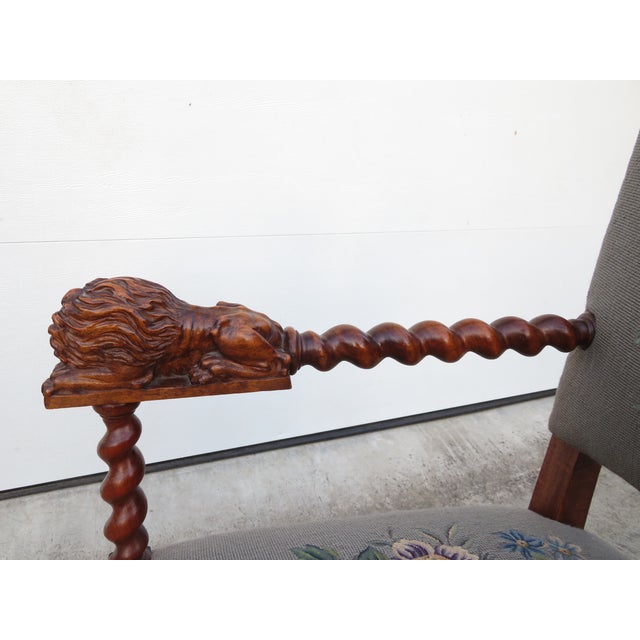 Antique Barley Twist Needle Point Carved Lions Hall or Throne Chair ~ Traditional Style Wood Side Accent Art Seating For Sale - Image 17 of 18