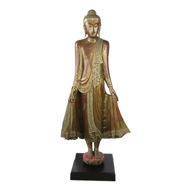 20th Century Thai Burmese Mandalay Style Standing Wooden Buddha Statue on Black Base For Sale