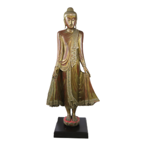 20th Century Thai Burmese Mandalay Style Standing Wooden Buddha Statue on Black Base