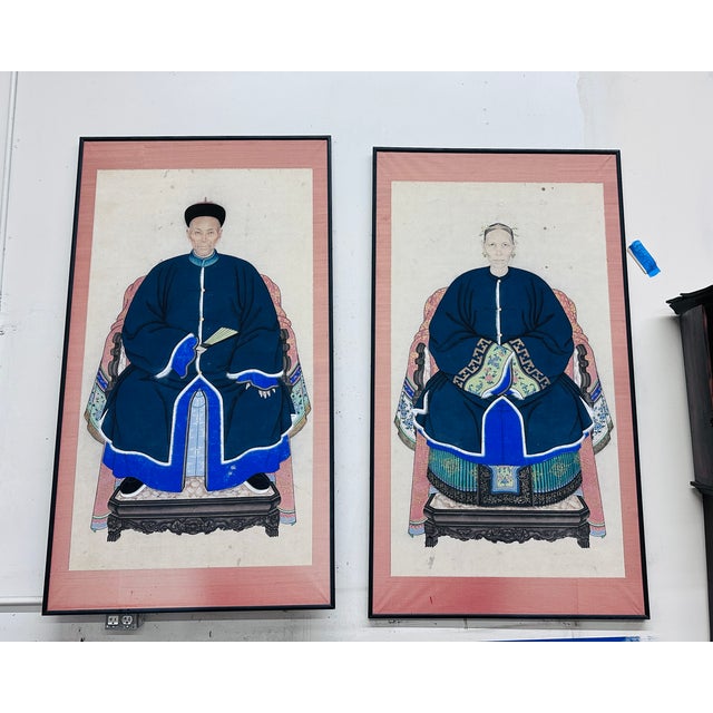 Antique 66" Tall Chinese Ancestral Painted Portraits, a Pair For Sale - Image 14 of 15