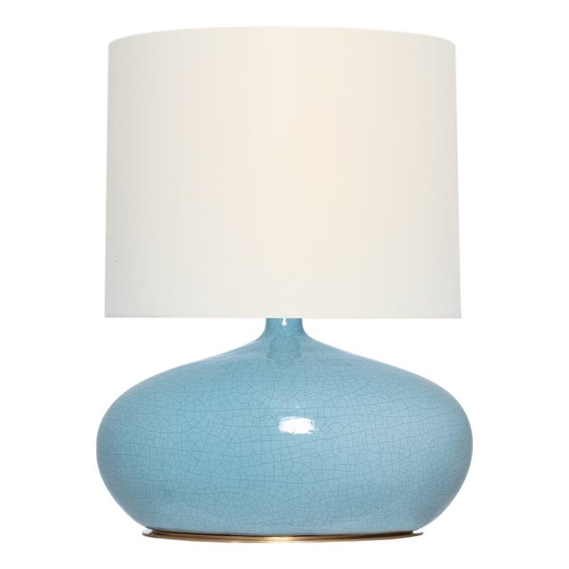 Thomas O'Brien by Visual Comfort Signature Olinda 24" Low Table Lamp in Crackled Robin with Linen Shade For Sale