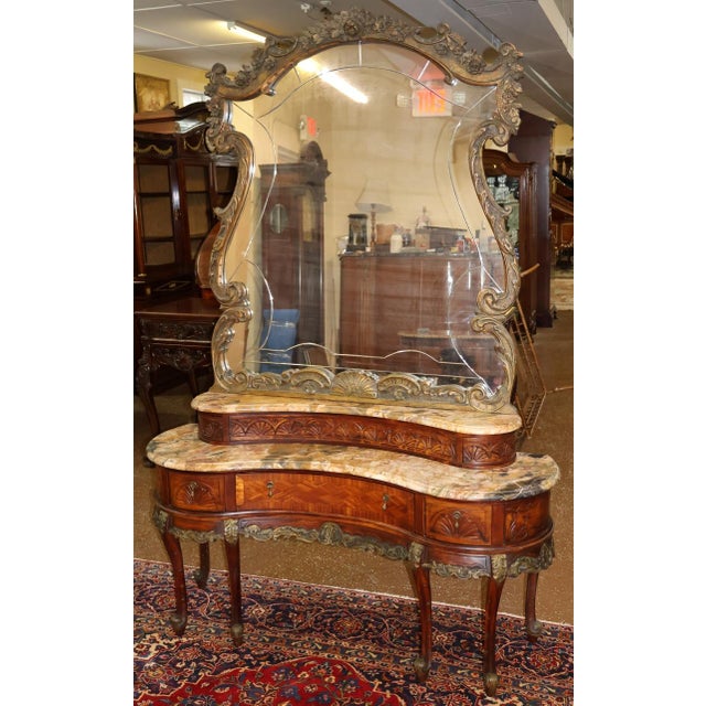 French French Louis XV Style Inlaid Walnut Marble Top Etched Mirror Vanity Circa 1920's For Sale - Image 3 of 13