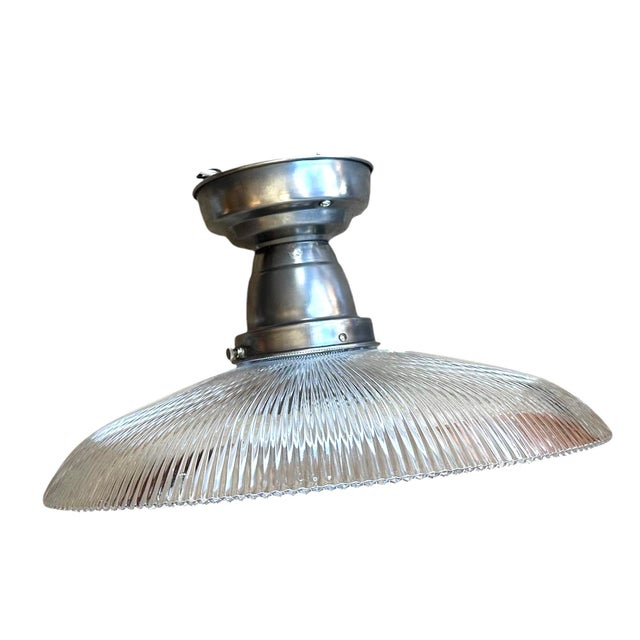 1930s 1930s Large Pagoda Shape and Stamped Holophane Shade on Old Nickel Plated Flushmount Holder For Sale - Image 5 of 7