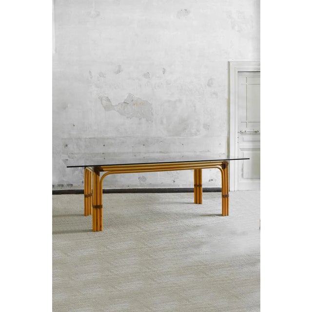 Wicker Coffee Table with Leather Bindings and Glass Top from Studio Smania, 1970s For Sale - Image 6 of 6