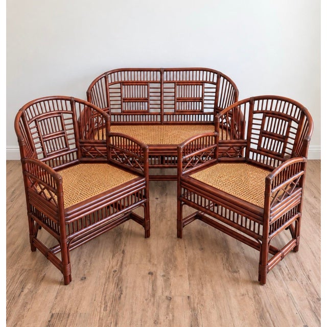 Wood 1970s Brighton Pavilion Style Bamboo Rattan Cane Settee & 2 Armchairs – 3 Piece Set For Sale - Image 7 of 11