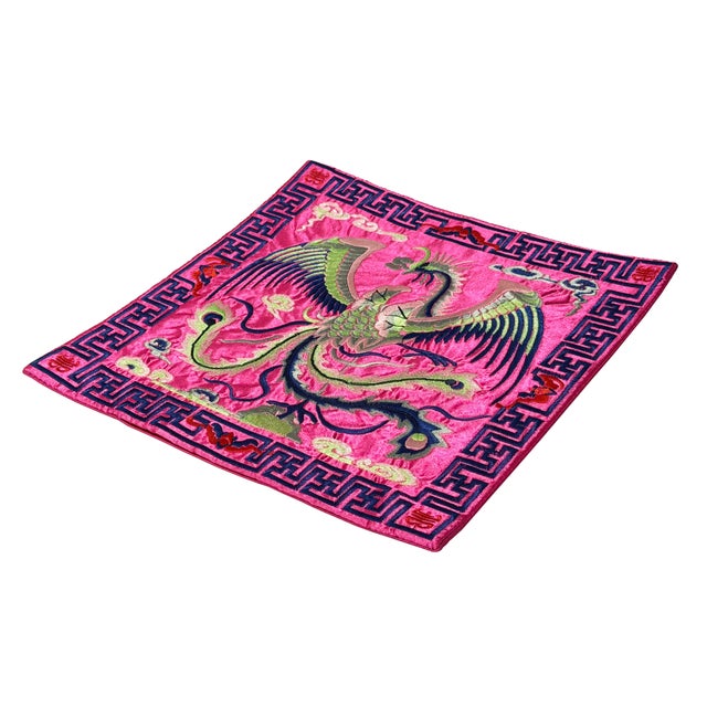 Asian Asian Square Magenta Phoenix Bats Blossom Flower Fabric Display Art For Sale - Image 3 of 8
