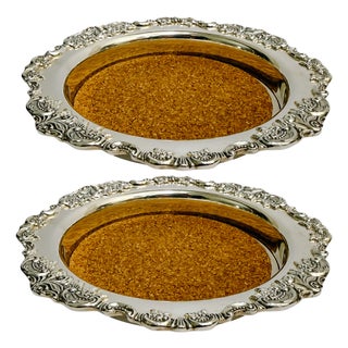 Vintage Wallace Silverplate Baroque Wine Bottle Coasters With Cork Linings - Pair For Sale
