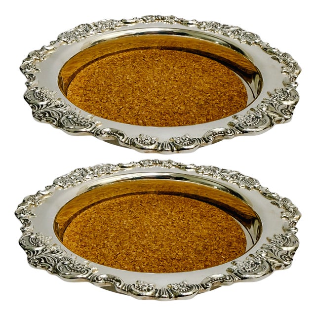 Vintage Wallace Silverplate Baroque Wine Bottle Coasters With Cork Linings - Pair For Sale