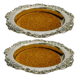 Vintage Wallace Silverplate Baroque Wine Bottle Coasters With Cork Linings - Pair