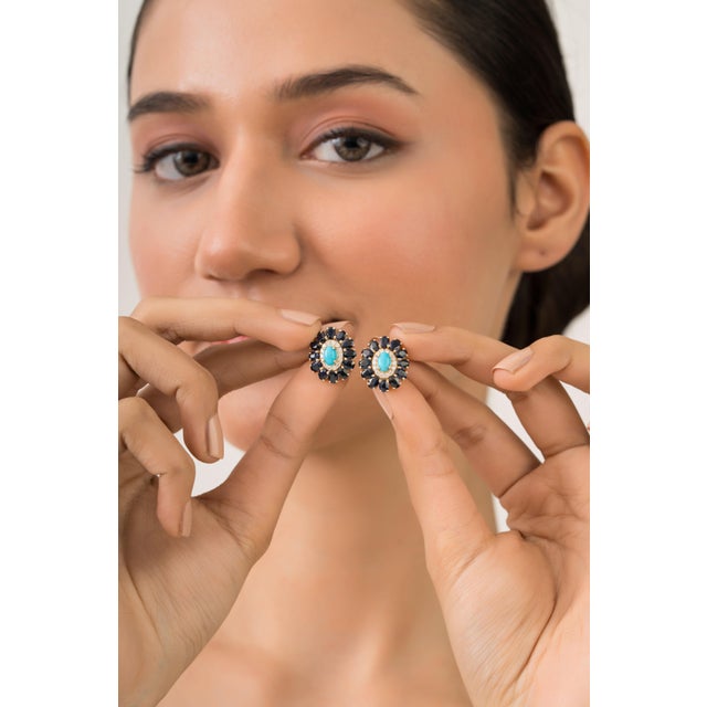 Ink Blue 6.46ct Turquoise Sapphire Diamond Halo Floral Cluster Stud Earrings in 14k Gold-a Pair For Sale - Image 8 of 14