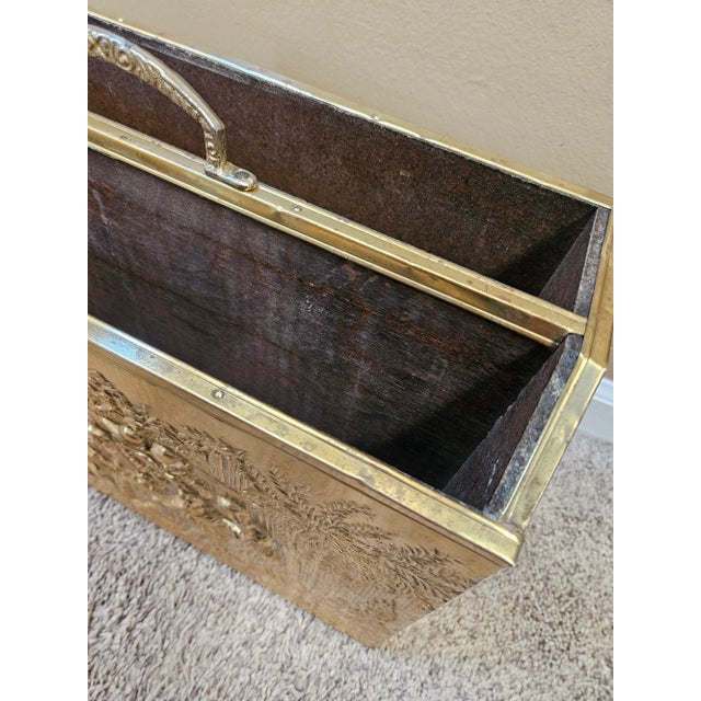 Mid 20th Century Vintage Embossed Brass and Wood Magazine Holder Rack For Sale - Image 4 of 8