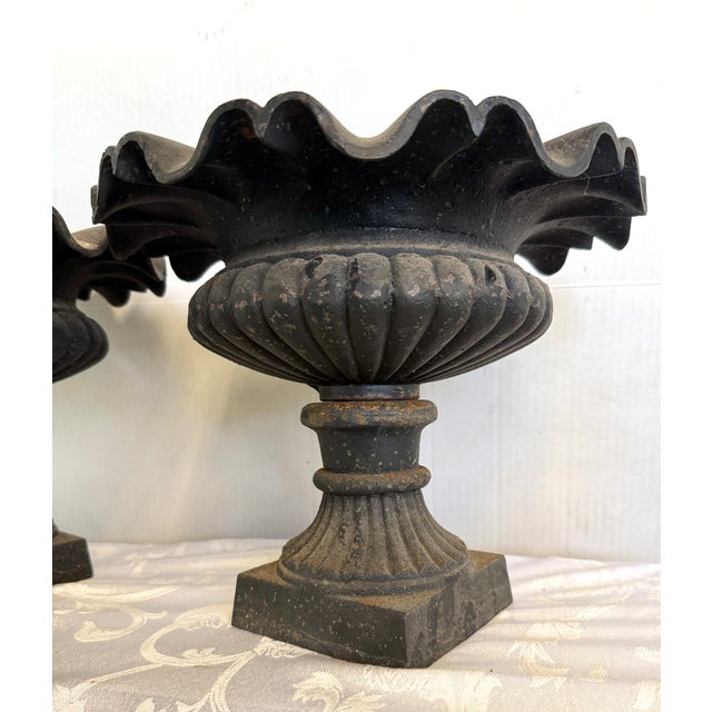 French 1940s Cast Iron Garden Urns Planters - A Pair For Sale - Image 3 of 6