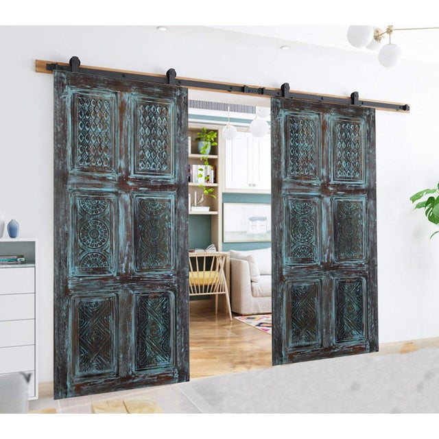 Rustic Distressed Blue Vintage Carved Barn Door – Reclaimed Wood 6 Panel Door 80x36 For Sale - Image 3 of 4
