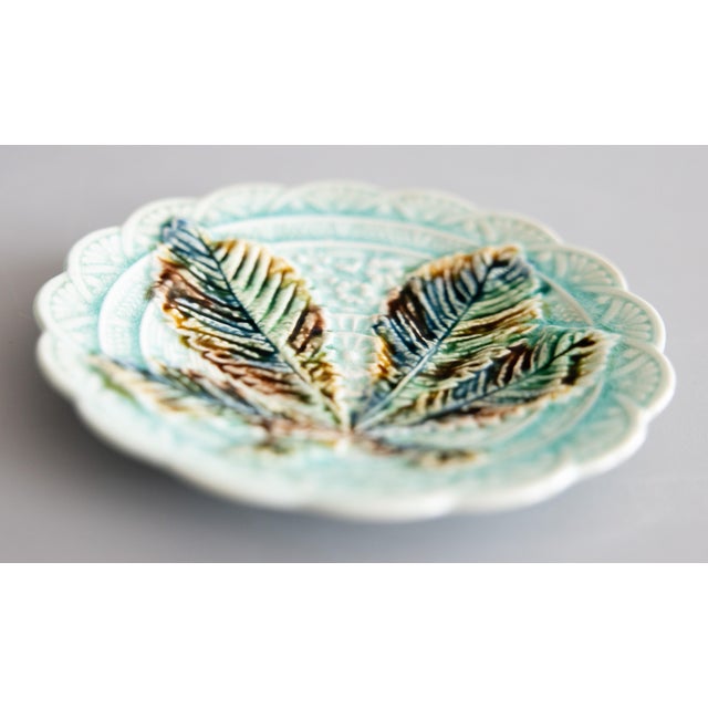 Farmhouse 19th Century Swedish Rörstrand Majolica Turquoise Chestnut Leaf Plate For Sale - Image 3 of 6