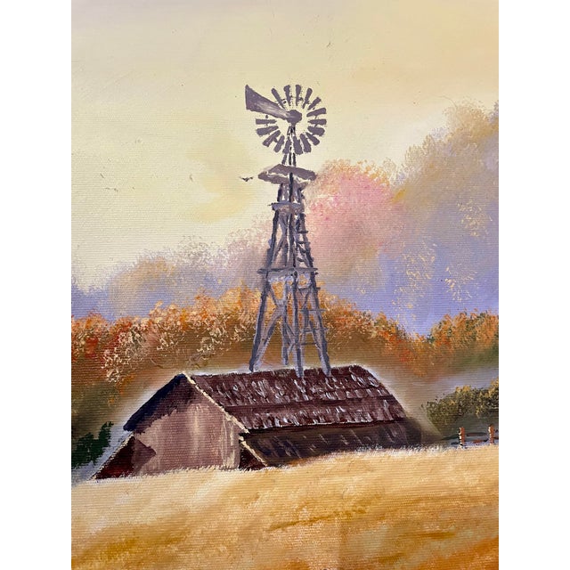 Farmhouse Vintage Mid-Century Style Rural Landscape Oil Painting For Sale - Image 3 of 5