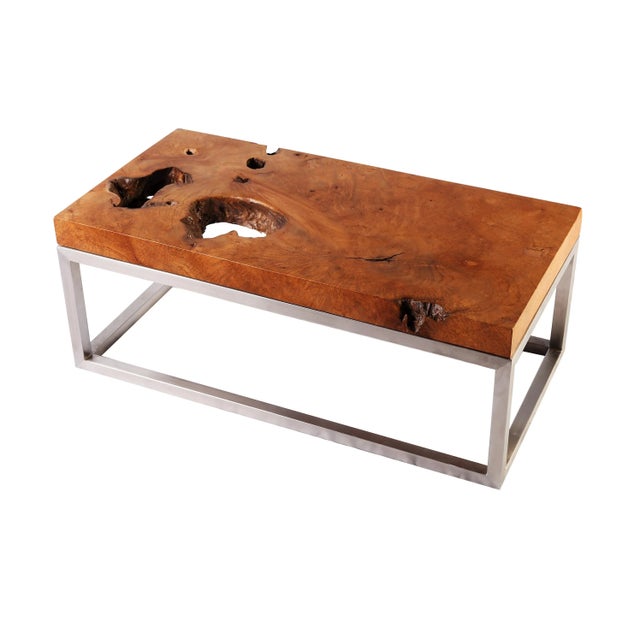 Rustic Solid Teak Top and Stainless Steel Base Coffee Table For Sale In Greensboro - Image 6 of 9