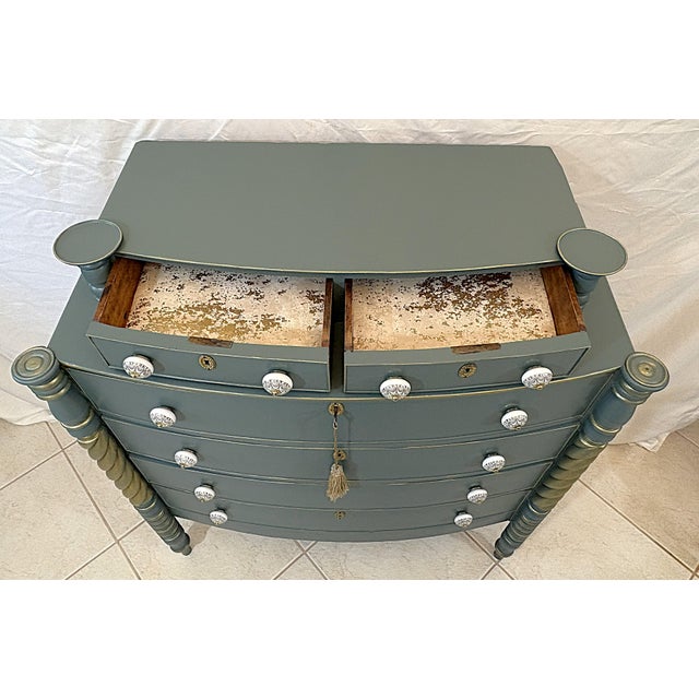 Verdigris Antique Sheraton Style Bowfront Chest of Six Drawers With Locks and Key, New Paint and Knobs For Sale - Image 8 of 18