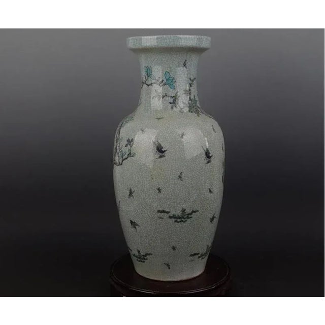 Chinese Chinese Vintage Porcelain Vase Qing Dynasty Qianlong Marked Crackle Glaze Famille Verte Porcelain Vase Hand Painted Flowers and Birds Pattern For Sale - Image 3 of 8