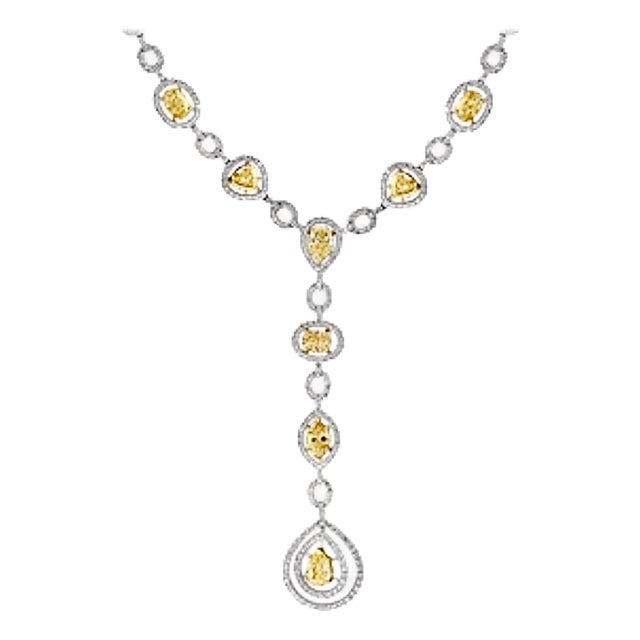 8 Yellow Solitaire Diamond and White Diamond Necklace 18 Karat White Gold For Sale