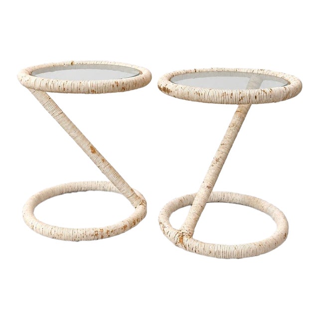 Pair of a White Vintage Wicker Side Tables For Sale