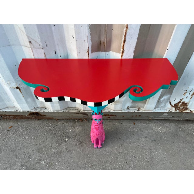 Vintage Whimsical Handcrafted Console / Entry Table With Cat Pedestal. Circa Late 1990s Early 2000s Features a wood...