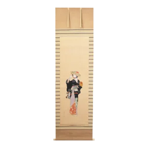 Early 20th Century Meiji to Early Showa Era Japanese Watercolor Silk Scroll Painting, "Torii Onna" in Original Box