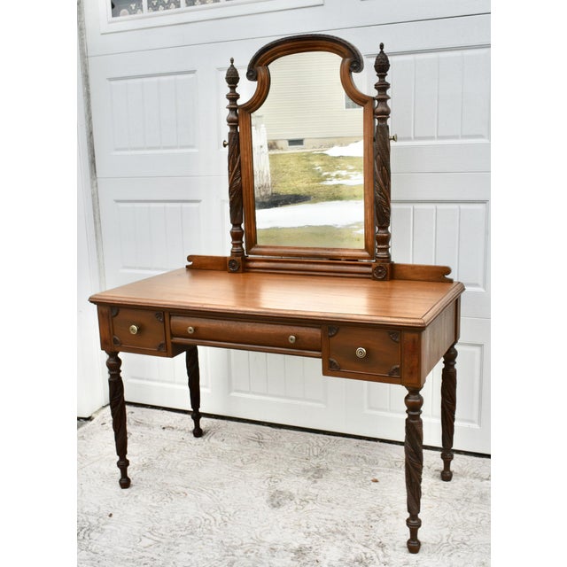 1920s Antique Carved Mahogany Regency Style Vanity W/Mirror For Sale - Image 5 of 12