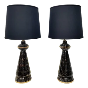 Hollywood Regency Italian Black and Gold Porcelain Table Lamps - a Pair