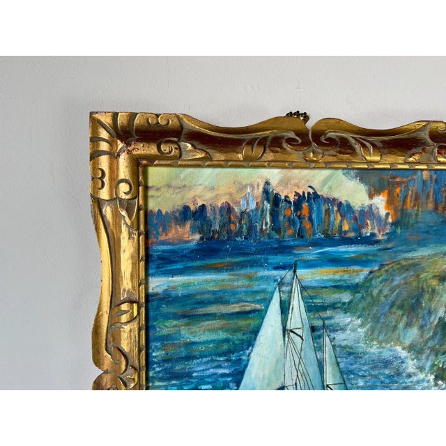 Blue 1960's Vintage Expressionist - Style Cityscape Boat Oil Painting, Signed For Sale - Image 8 of 13