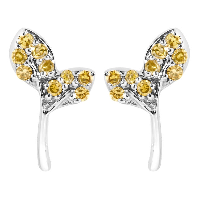 925 Sterling Silver 1/16ct TDW Yellow Treated Diamond Leaf Earrings For Sale
